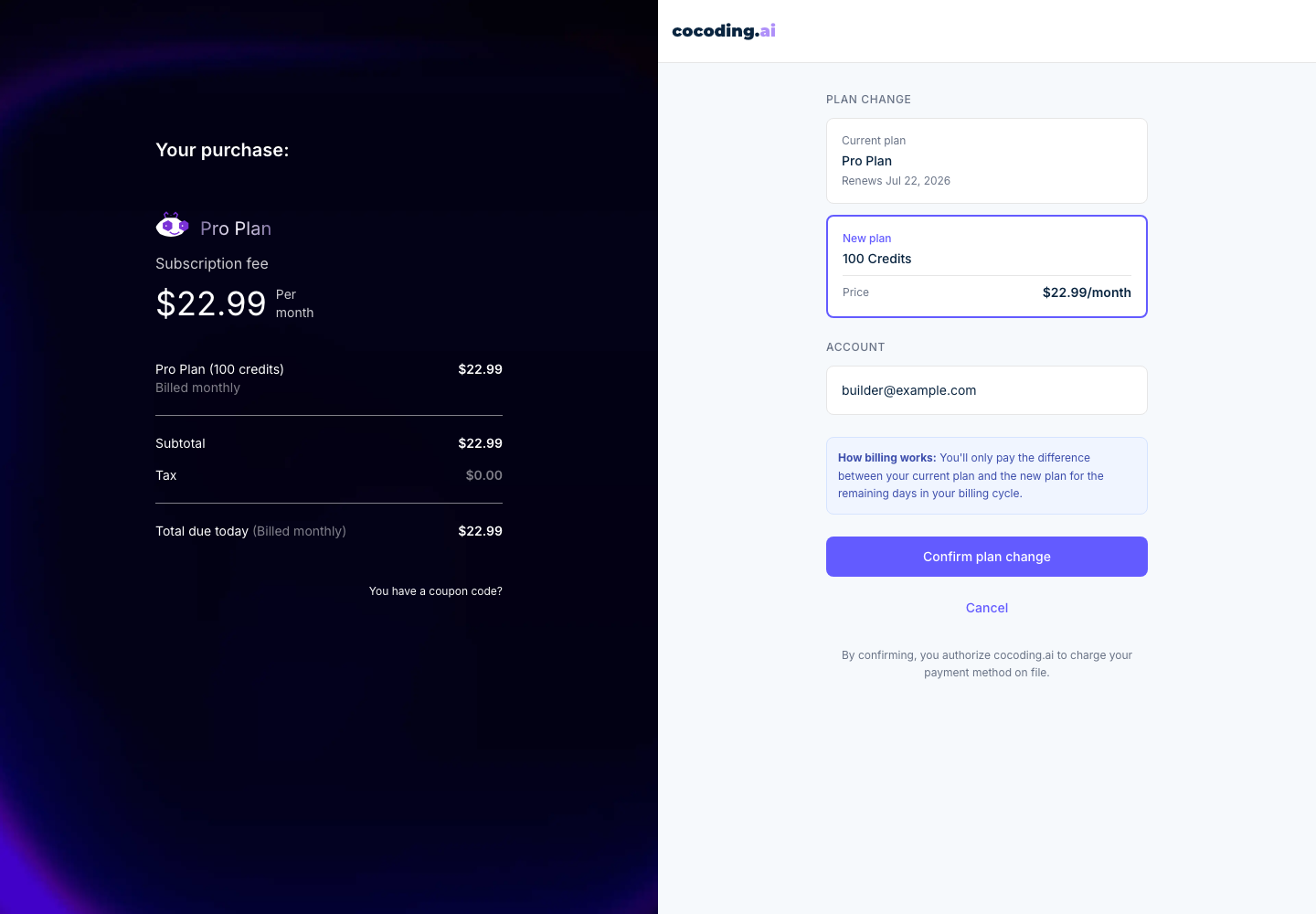 Cocoding AI billing and payment page